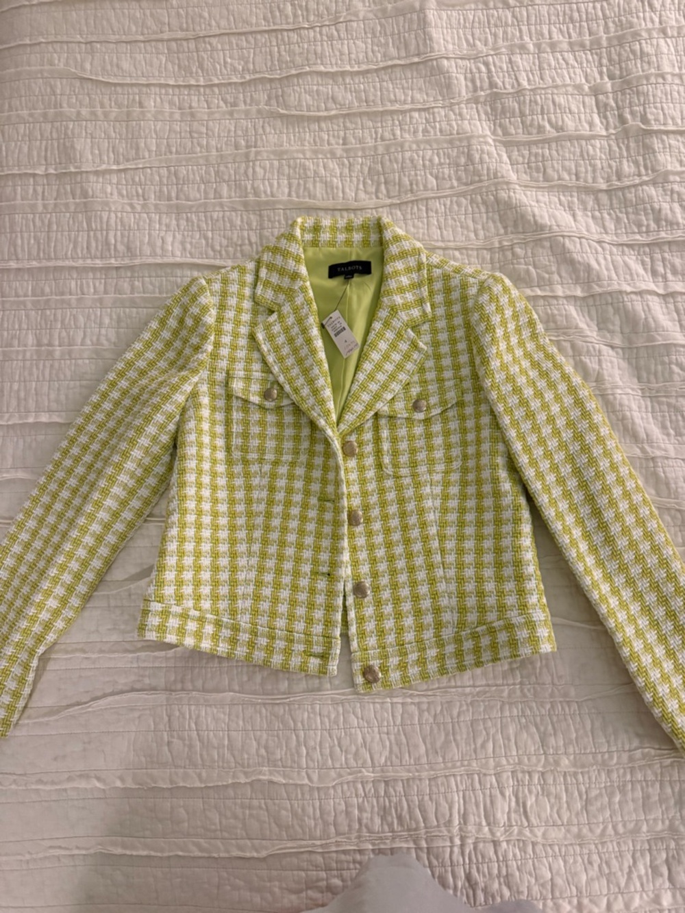 Talbots Lime and White Houndstooth Cropped Tweed Blazer